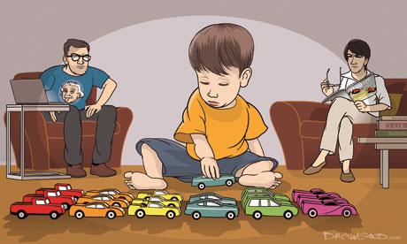 Child lines up race cars rather than participating in traditional play – one of the early signs of autism.