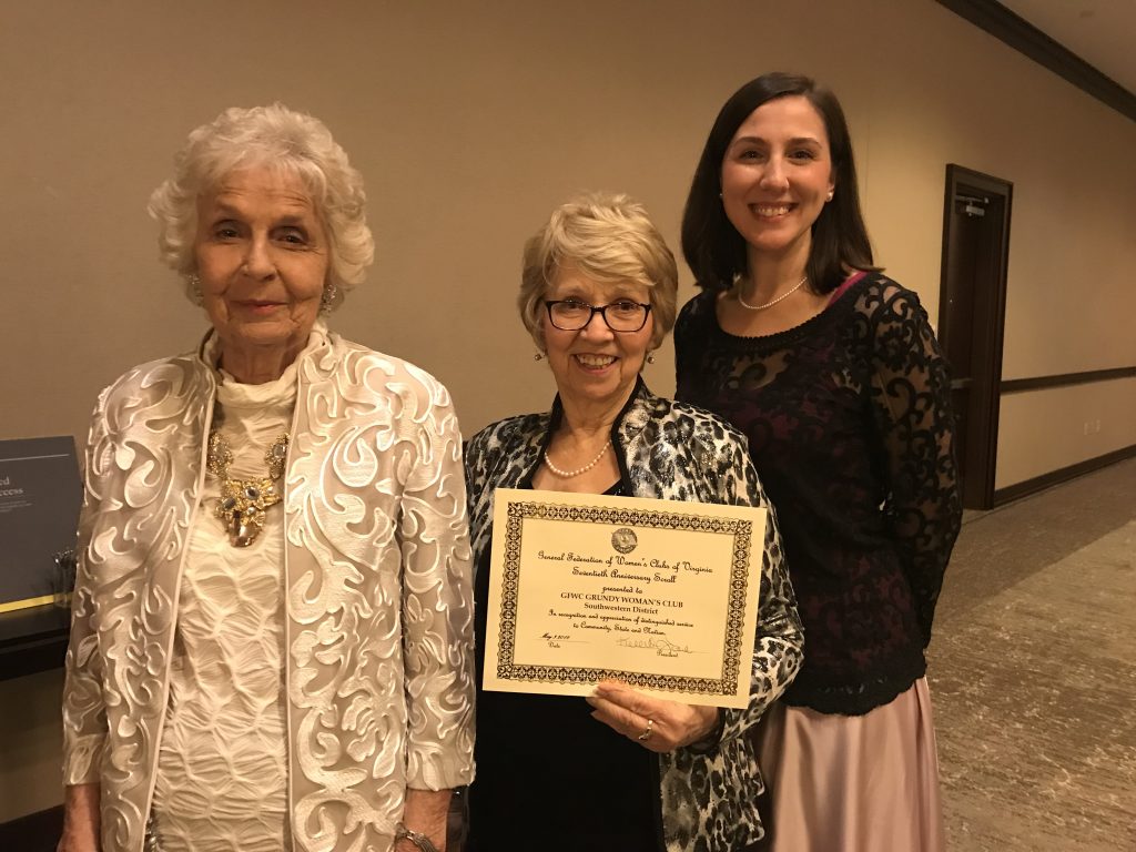 From left, Grundy clubwomen Ginger Robertson, Betty Shields, and JoBeth Wampler are photoed with the club's 70-year anniversary certificate, which was given during the 2019 GFWC Virginia Annual Convention in Richmond.