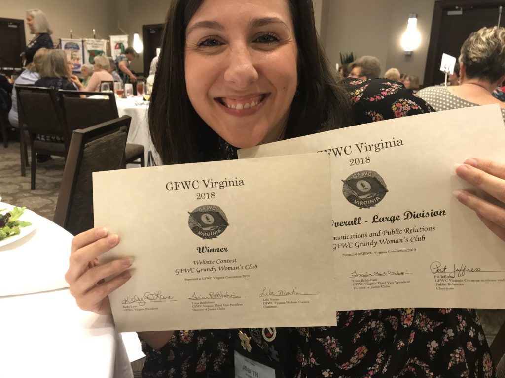 Grundy Club President JoBeth Wampler is pictured with certificates for Best Overall Report (Large Division) in Communications & Public Relations, as well as for the state Website Contest.